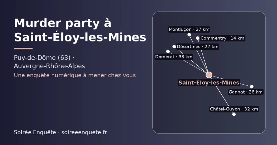 Carte schématique : Saint-Éloy-les-Mines et les communes voisines présentées sur ce site (Commentry, Gannat, Montluçon, Désertines, Châtel-Guyon, Domérat)