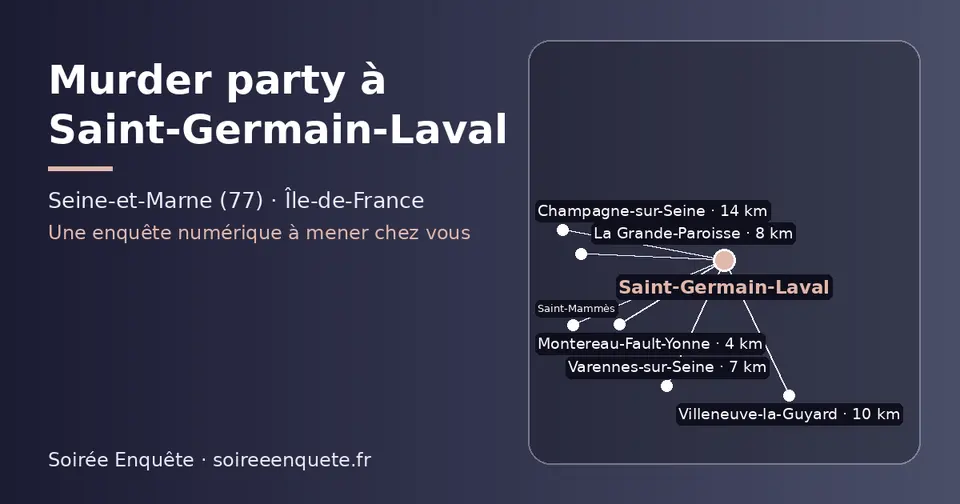Carte schématique : Saint-Germain-Laval et les communes voisines présentées sur ce site (Montereau-Fault-Yonne, Varennes-sur-Seine, La Grande-Paroisse, Villeneuve-la-Guyard, Saint-Mammès, Champagne-sur-Seine)