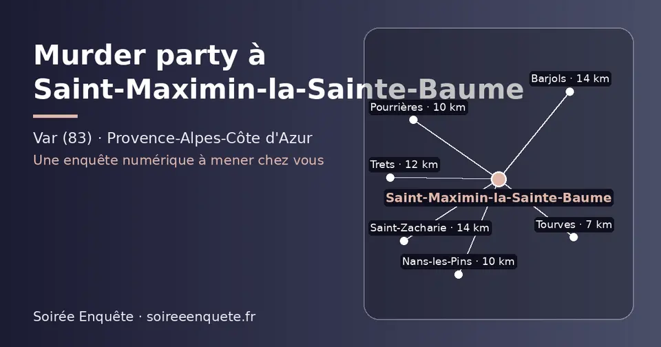 Carte schématique : Saint-Maximin-la-Sainte-Baume et les communes voisines présentées sur ce site (Tourves, Nans-les-Pins, Pourrières, Trets, Saint-Zacharie, Barjols)