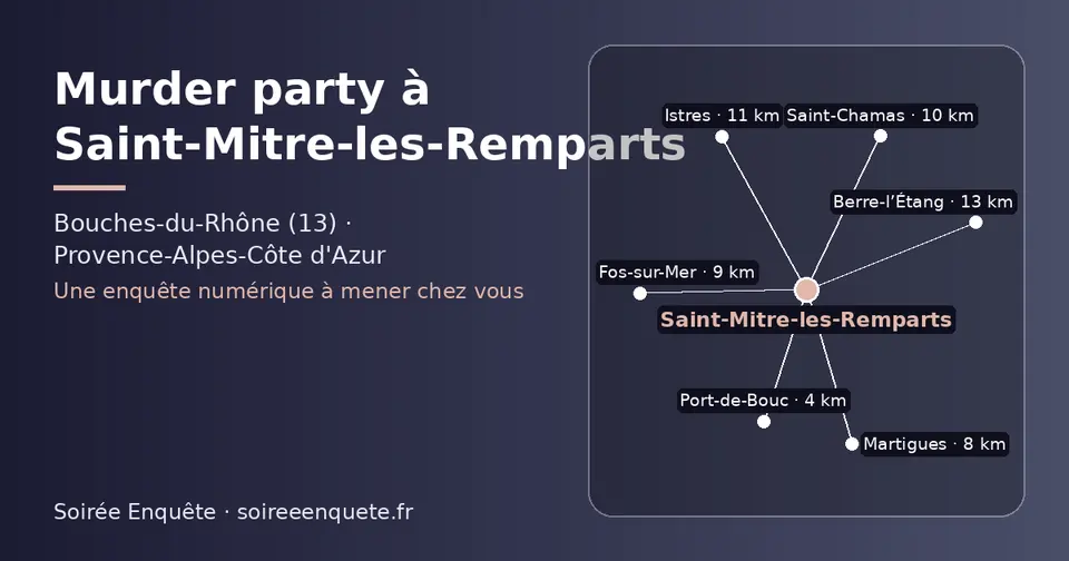 Carte schématique : Saint-Mitre-les-Remparts et les communes voisines présentées sur ce site (Port-de-Bouc, Martigues, Fos-sur-Mer, Saint-Chamas, Istres, Berre-l’Étang)