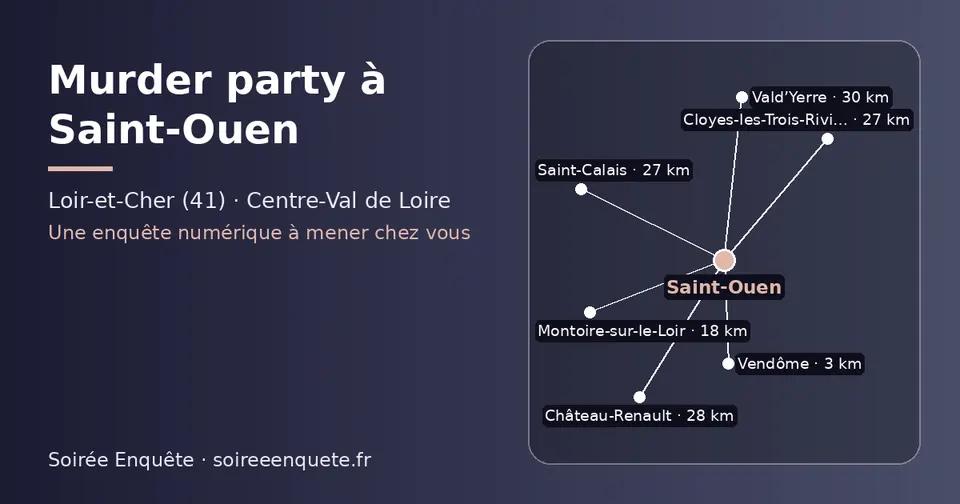Carte schématique : Saint-Ouen et les communes voisines présentées sur ce site (Vendôme, Montoire-sur-le-Loir, Cloyes-les-Trois-Rivières, Saint-Calais, Château-Renault, Vald’Yerre)