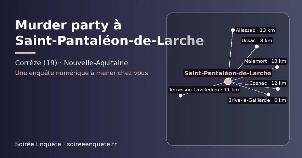 Carte schématique : Saint-Pantaléon-de-Larche et les communes voisines présentées sur ce site (Brive-la-Gaillarde, Ussac, Terrasson-Lavilledieu, Cosnac, Allassac, Malemort)