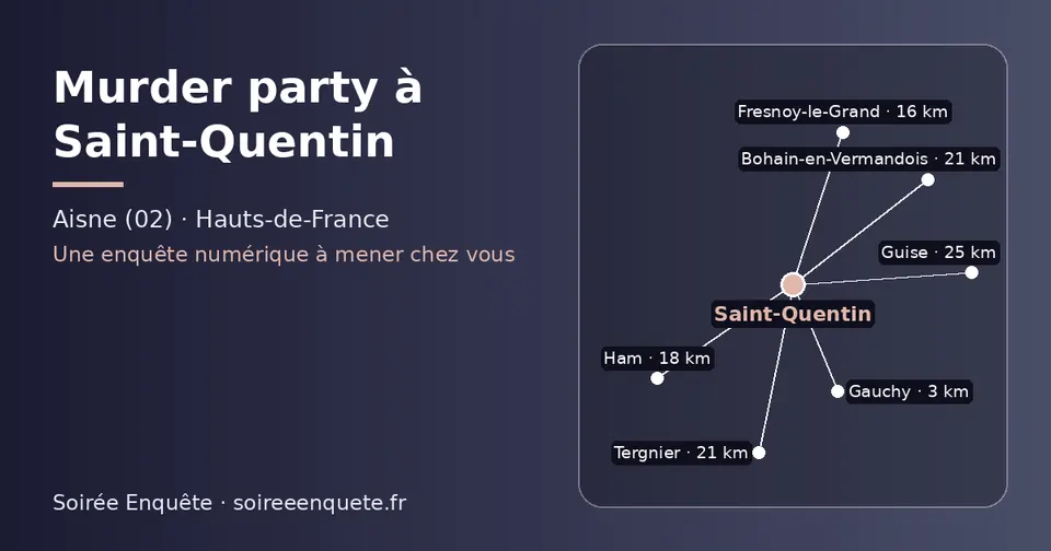 Carte schématique : Saint-Quentin et les communes voisines présentées sur ce site (Gauchy, Fresnoy-le-Grand, Ham, Bohain-en-Vermandois, Tergnier, Guise)