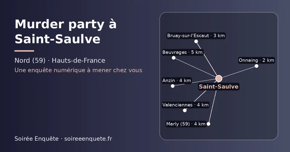 Carte schématique : Saint-Saulve et les communes voisines présentées sur ce site (Onnaing, Bruay-sur-l’Escaut, Marly (59), Anzin, Valenciennes, Beuvrages)