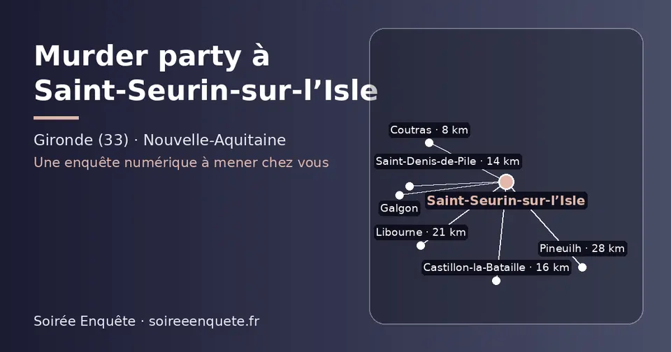 Carte schématique : Saint-Seurin-sur-l’Isle et les communes voisines présentées sur ce site (Coutras, Saint-Denis-de-Pile, Castillon-la-Bataille, Libourne, Galgon, Pineuilh)
