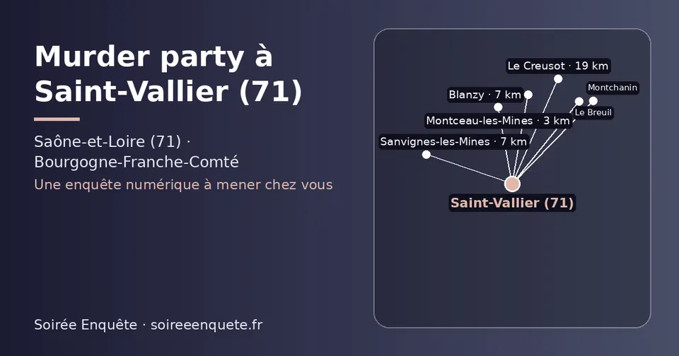 Carte schématique : Saint-Vallier (71) et les communes voisines présentées sur ce site (Montceau-les-Mines, Sanvignes-les-Mines, Blanzy, Montchanin, Le Creusot, Le Breuil)