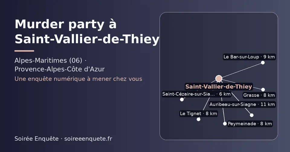 Carte schématique : Saint-Vallier-de-Thiey et les communes voisines présentées sur ce site (Saint-Cézaire-sur-Siagne, Peymeinade, Le Tignet, Grasse, Le Bar-sur-Loup, Auribeau-sur-Siagne)