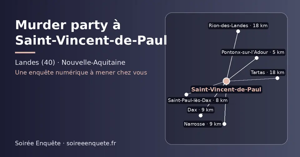 Carte schématique : Saint-Vincent-de-Paul et les communes voisines présentées sur ce site (Pontonx-sur-l’Adour, Saint-Paul-lès-Dax, Narrosse, Dax, Tartas, Rion-des-Landes)