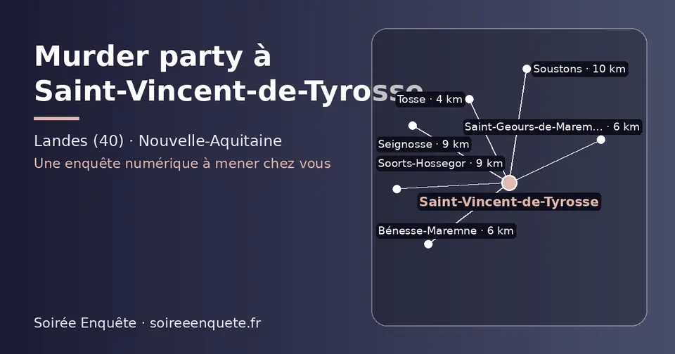 Carte schématique : Saint-Vincent-de-Tyrosse et les communes voisines présentées sur ce site (Tosse, Saint-Geours-de-Maremne, Bénesse-Maremne, Soorts-Hossegor, Seignosse, Soustons)