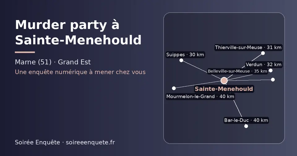 Carte schématique : Sainte-Menehould et les communes voisines présentées sur ce site (Suippes, Thierville-sur-Meuse, Verdun, Belleville-sur-Meuse, Bar-le-Duc, Mourmelon-le-Grand)