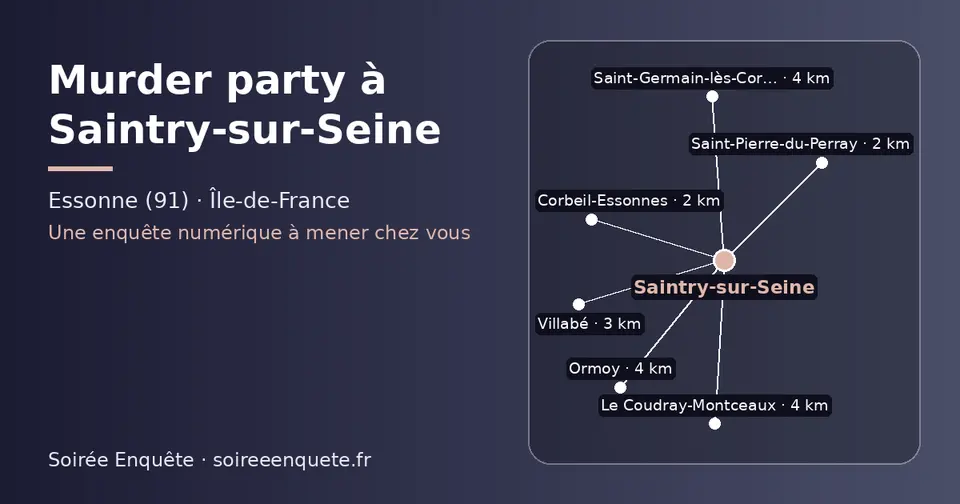 Carte schématique : Saintry-sur-Seine et les communes voisines présentées sur ce site (Saint-Pierre-du-Perray, Corbeil-Essonnes, Villabé, Saint-Germain-lès-Corbeil, Le Coudray-Montceaux, Ormoy)