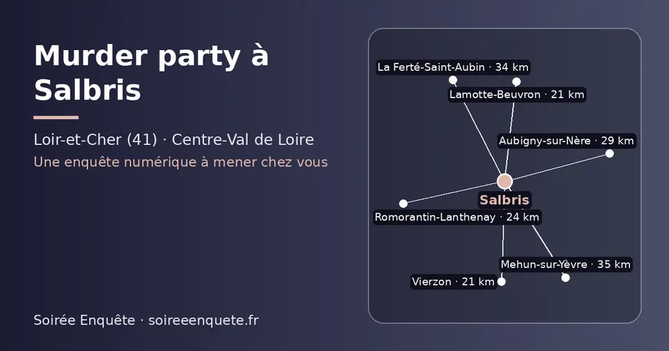 Carte schématique : Salbris et les communes voisines présentées sur ce site (Lamotte-Beuvron, Vierzon, Romorantin-Lanthenay, Aubigny-sur-Nère, La Ferté-Saint-Aubin, Mehun-sur-Yèvre)