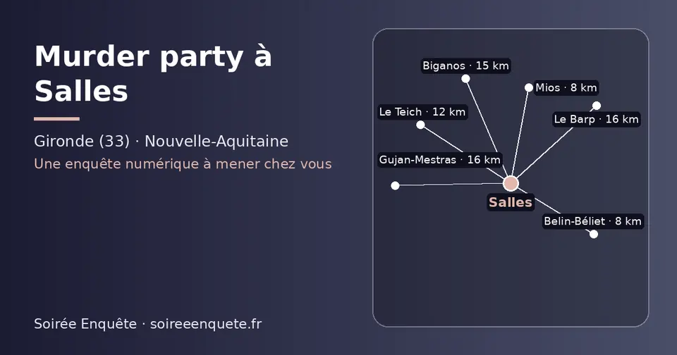 Carte schématique : Salles et les communes voisines présentées sur ce site (Mios, Belin-Béliet, Le Teich, Biganos, Le Barp, Gujan-Mestras)