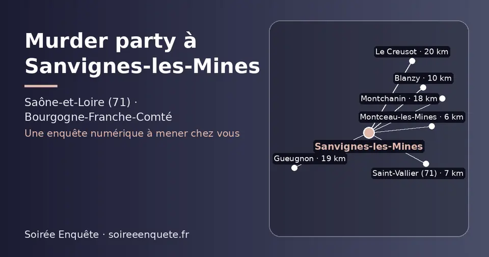 Carte schématique : Sanvignes-les-Mines et les communes voisines présentées sur ce site (Montceau-les-Mines, Saint-Vallier (71), Blanzy, Montchanin, Gueugnon, Le Creusot)