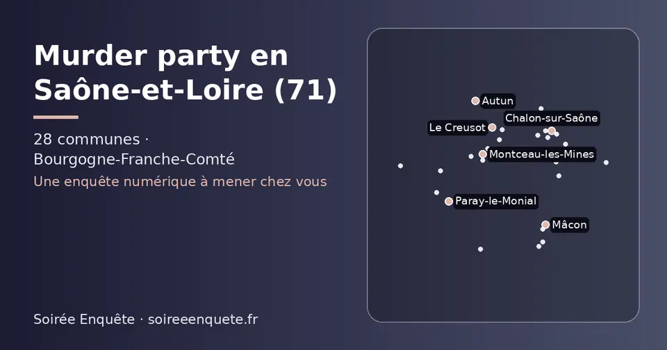 Carte schématique des 28 communes de la Saône-et-Loire présentées sur ce site