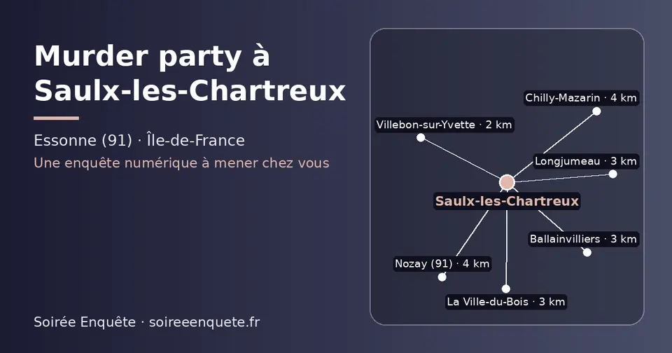 Carte schématique : Saulx-les-Chartreux et les communes voisines présentées sur ce site (Villebon-sur-Yvette, Ballainvilliers, La Ville-du-Bois, Longjumeau, Nozay (91), Chilly-Mazarin)
