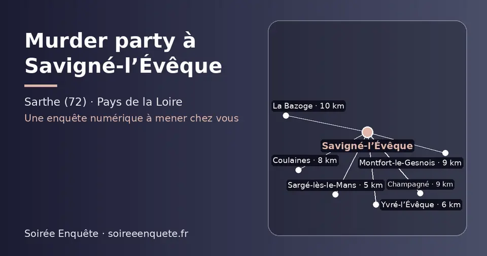 Carte schématique : Savigné-l’Évêque et les communes voisines présentées sur ce site (Sargé-lès-le-Mans, Yvré-l’Évêque, Coulaines, Champagné, Montfort-le-Gesnois, La Bazoge)