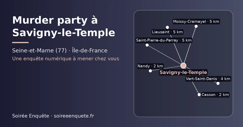 Carte schématique : Savigny-le-Temple et les communes voisines présentées sur ce site (Cesson, Nandy, Vert-Saint-Denis, Moissy-Cramayel, Saint-Pierre-du-Perray, Lieusaint)
