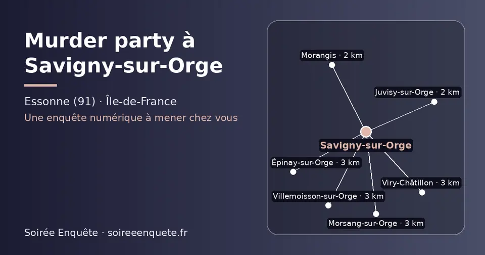 Carte schématique : Savigny-sur-Orge et les communes voisines présentées sur ce site (Juvisy-sur-Orge, Morangis, Épinay-sur-Orge, Viry-Châtillon, Villemoisson-sur-Orge, Morsang-sur-Orge)