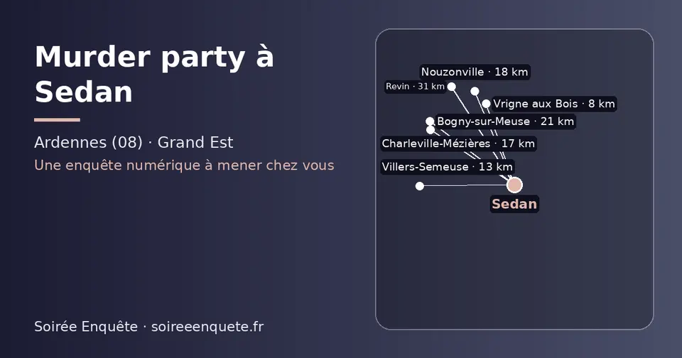 Carte schématique : Sedan et les communes voisines présentées sur ce site (Vrigne aux Bois, Villers-Semeuse, Charleville-Mézières, Nouzonville, Bogny-sur-Meuse, Revin)