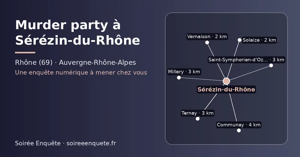 Carte schématique : Sérézin-du-Rhône et les communes voisines présentées sur ce site (Solaize, Vernaison, Ternay, Millery, Saint-Symphorien-d’Ozon, Communay)