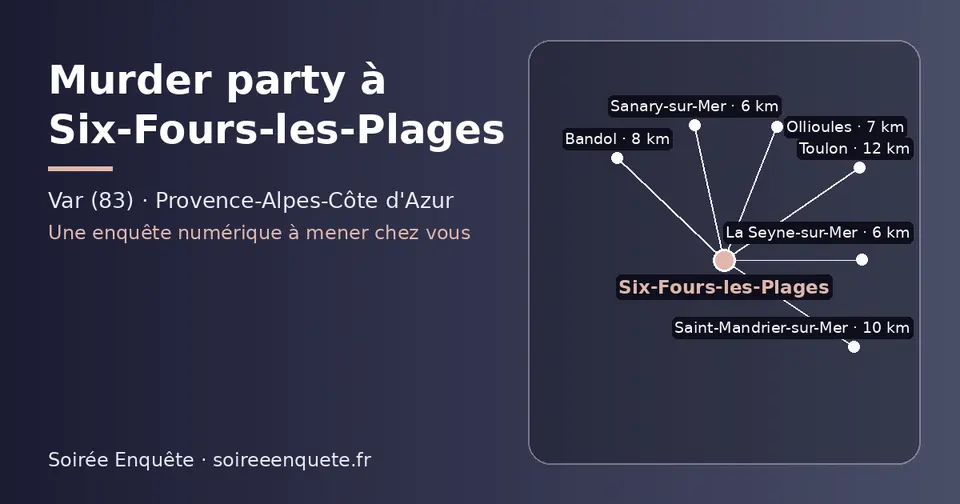 Carte schématique : Six-Fours-les-Plages et les communes voisines présentées sur ce site (La Seyne-sur-Mer, Sanary-sur-Mer, Ollioules, Bandol, Saint-Mandrier-sur-Mer, Toulon)
