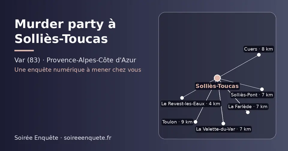 Carte schématique : Solliès-Toucas et les communes voisines présentées sur ce site (Le Revest-les-Eaux, Solliès-Pont, La Valette-du-Var, La Farlède, Cuers, Toulon)