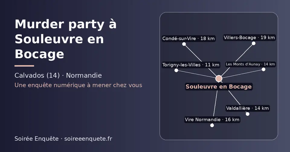 Carte schématique : Souleuvre en Bocage et les communes voisines présentées sur ce site (Torigny-les-Villes, Les Monts d’Aunay, Valdallière, Vire Normandie, Condé-sur-Vire, Villers-Bocage)