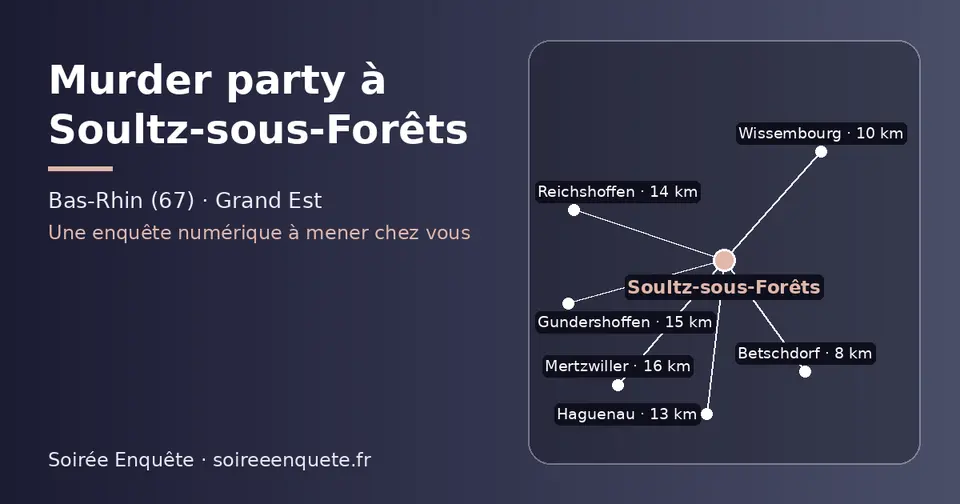 Carte schématique : Soultz-sous-Forêts et les communes voisines présentées sur ce site (Betschdorf, Wissembourg, Haguenau, Reichshoffen, Gundershoffen, Mertzwiller)