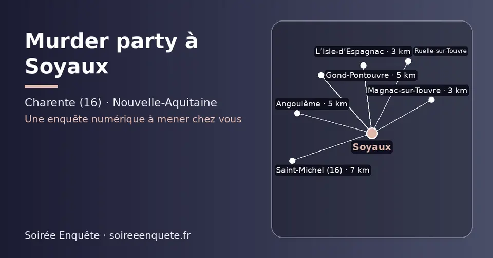 Carte schématique : Soyaux et les communes voisines présentées sur ce site (L’Isle-d’Espagnac, Magnac-sur-Touvre, Angoulême, Gond-Pontouvre, Ruelle-sur-Touvre, Saint-Michel (16))