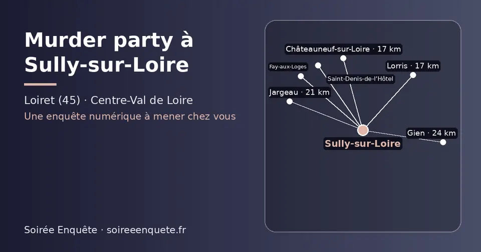 Carte schématique : Sully-sur-Loire et les communes voisines présentées sur ce site (Châteauneuf-sur-Loire, Lorris, Saint-Denis-de-l’Hôtel, Jargeau, Gien, Fay-aux-Loges)