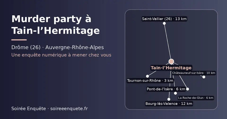 Carte schématique : Tain-l’Hermitage et les communes voisines présentées sur ce site (Tournon-sur-Rhône, Pont-de-l’Isère, La Roche-de-Glun, Châteauneuf-sur-Isère, Bourg-lès-Valence, Saint-Vallier (26))