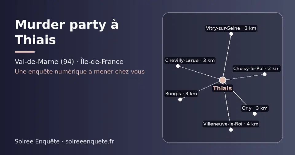 Carte schématique : Thiais et les communes voisines présentées sur ce site (Choisy-le-Roi, Orly, Chevilly-Larue, Rungis, Vitry-sur-Seine, Villeneuve-le-Roi)