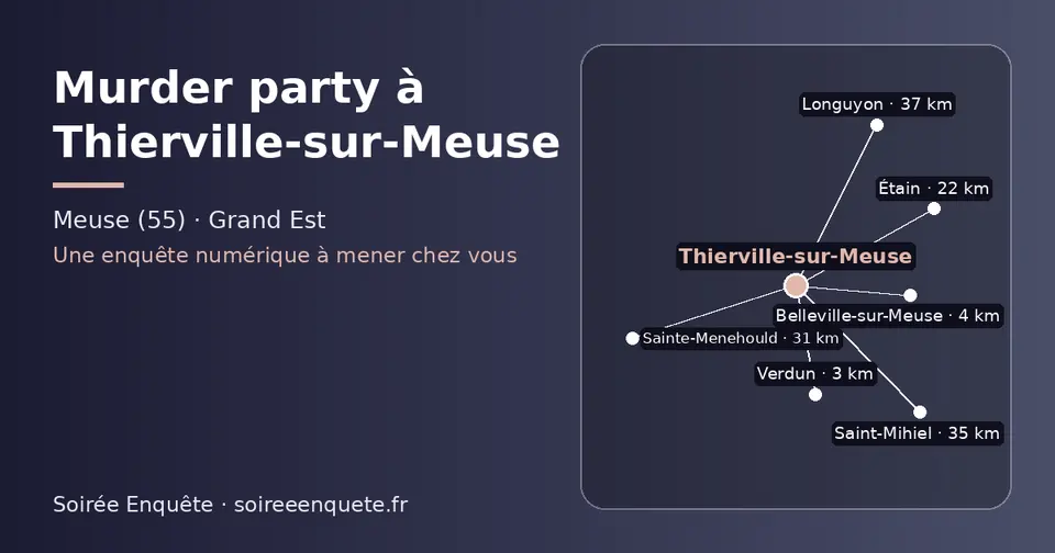 Carte schématique : Thierville-sur-Meuse et les communes voisines présentées sur ce site (Verdun, Belleville-sur-Meuse, Étain, Sainte-Menehould, Saint-Mihiel, Longuyon)
