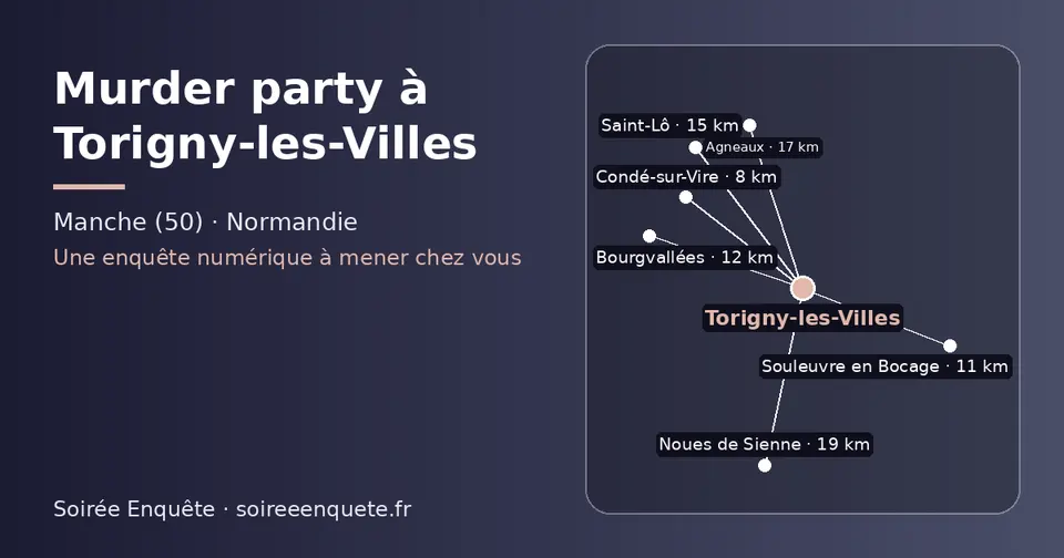 Carte schématique : Torigny-les-Villes et les communes voisines présentées sur ce site (Condé-sur-Vire, Souleuvre en Bocage, Bourgvallées, Saint-Lô, Agneaux, Noues de Sienne)