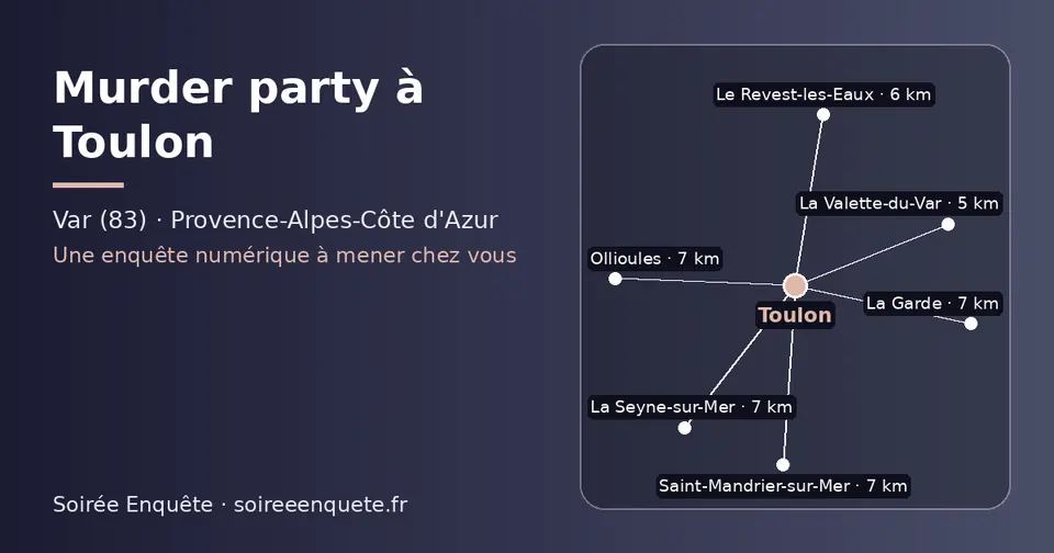Carte schématique : Toulon et les communes voisines présentées sur ce site (La Valette-du-Var, Le Revest-les-Eaux, Ollioules, Saint-Mandrier-sur-Mer, La Garde, La Seyne-sur-Mer)