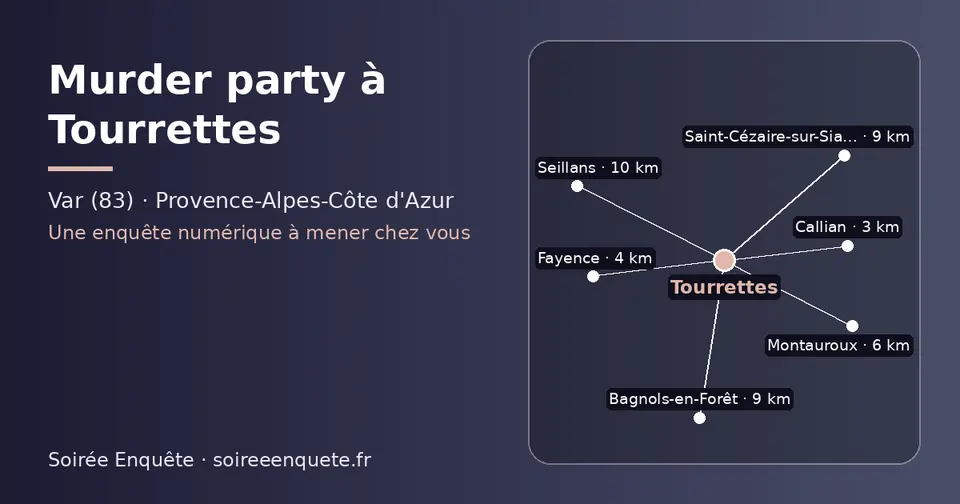 Carte schématique : Tourrettes et les communes voisines présentées sur ce site (Callian, Fayence, Montauroux, Saint-Cézaire-sur-Siagne, Bagnols-en-Forêt, Seillans)