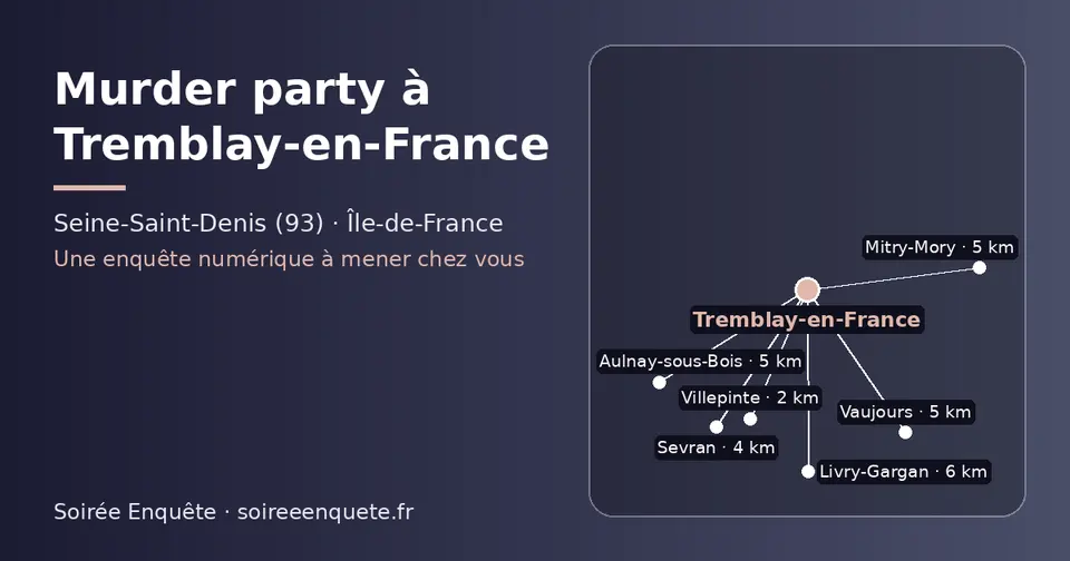 Carte schématique : Tremblay-en-France et les communes voisines présentées sur ce site (Villepinte, Sevran, Mitry-Mory, Vaujours, Aulnay-sous-Bois, Livry-Gargan)