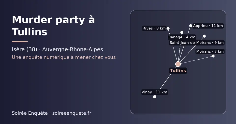 Carte schématique : Tullins et les communes voisines présentées sur ce site (Renage, Moirans, Rives, Saint-Jean-de-Moirans, Vinay, Apprieu)