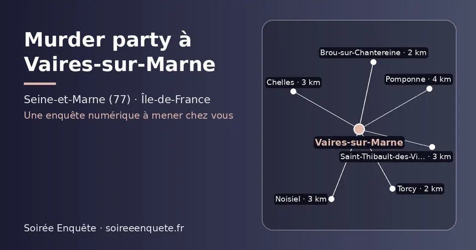 Carte schématique : Vaires-sur-Marne et les communes voisines présentées sur ce site (Brou-sur-Chantereine, Torcy, Noisiel, Chelles, Saint-Thibault-des-Vignes, Pomponne)