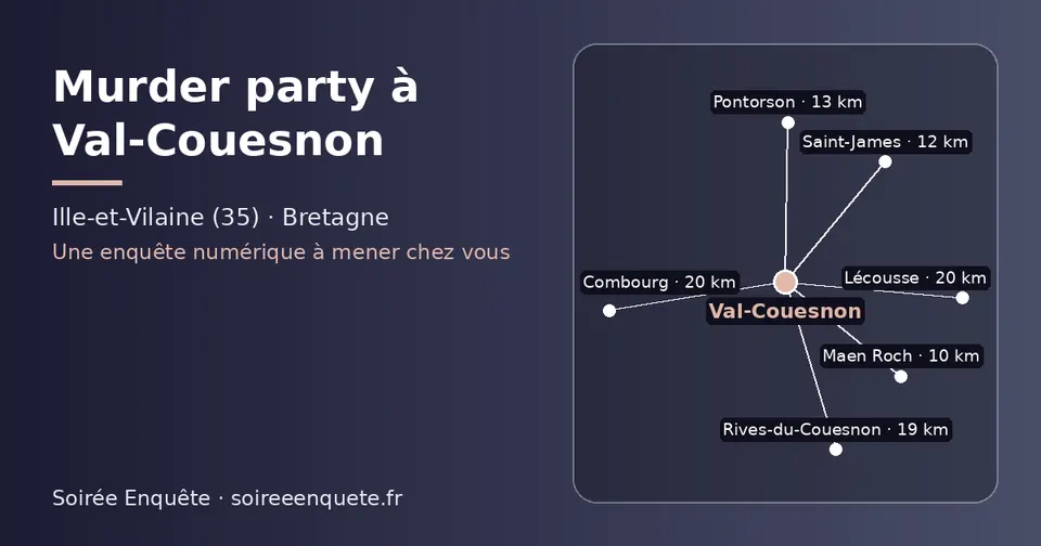 Carte schématique : Val-Couesnon et les communes voisines présentées sur ce site (Maen Roch, Saint-James, Pontorson, Rives-du-Couesnon, Combourg, Lécousse)