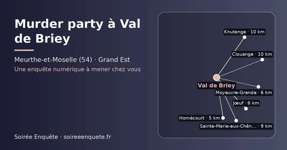 Carte schématique : Val de Briey et les communes voisines présentées sur ce site (Homécourt, Jœuf, Moyeuvre-Grande, Sainte-Marie-aux-Chênes, Clouange, Knutange)