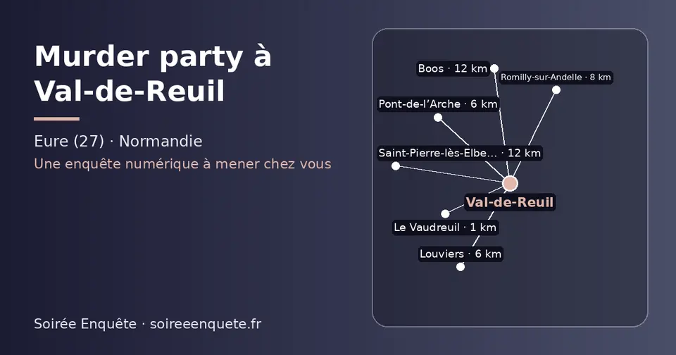 Carte schématique : Val-de-Reuil et les communes voisines présentées sur ce site (Le Vaudreuil, Pont-de-l’Arche, Louviers, Romilly-sur-Andelle, Saint-Pierre-lès-Elbeuf, Boos)