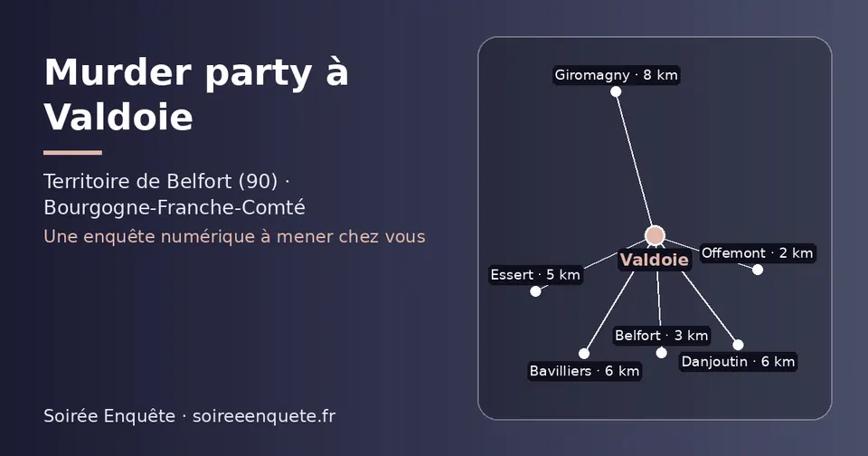 Carte schématique : Valdoie et les communes voisines présentées sur ce site (Offemont, Belfort, Essert, Bavilliers, Danjoutin, Giromagny)