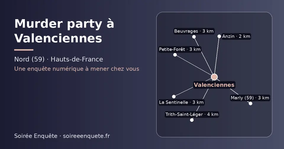 Carte schématique : Valenciennes et les communes voisines présentées sur ce site (Anzin, Marly (59), La Sentinelle, Beuvrages, Petite-Forêt, Trith-Saint-Léger)