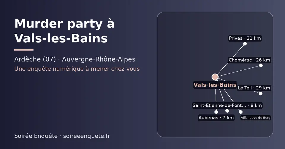 Carte schématique : Vals-les-Bains et les communes voisines présentées sur ce site (Aubenas, Saint-Étienne-de-Fontbellon, Villeneuve-de-Berg, Privas, Chomérac, Le Teil)