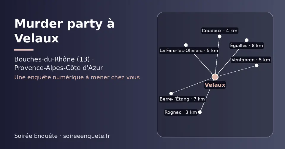 Carte schématique : Velaux et les communes voisines présentées sur ce site (Rognac, Coudoux, La Fare-les-Oliviers, Ventabren, Berre-l’Étang, Éguilles)