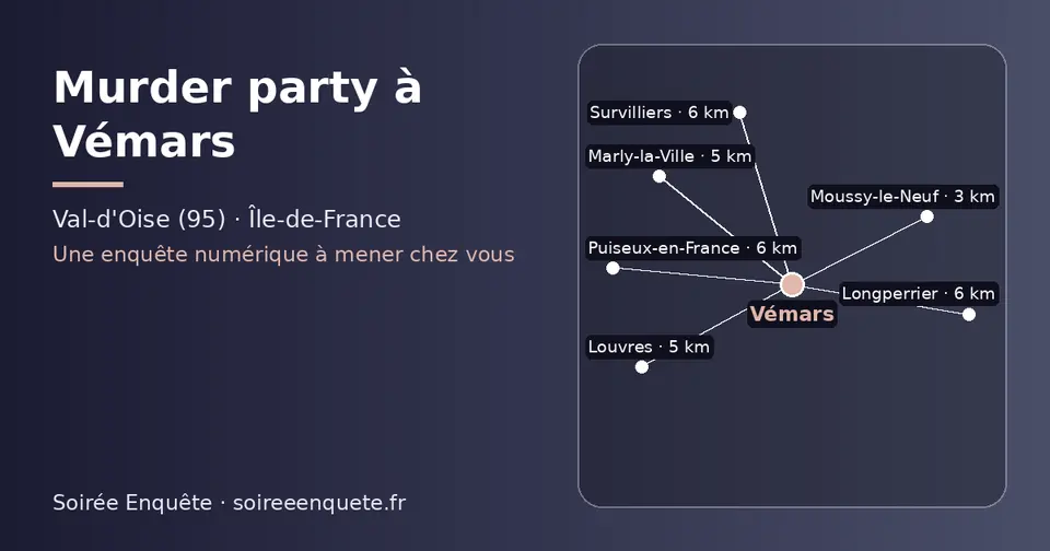 Carte schématique : Vémars et les communes voisines présentées sur ce site (Moussy-le-Neuf, Marly-la-Ville, Louvres, Survilliers, Puiseux-en-France, Longperrier)