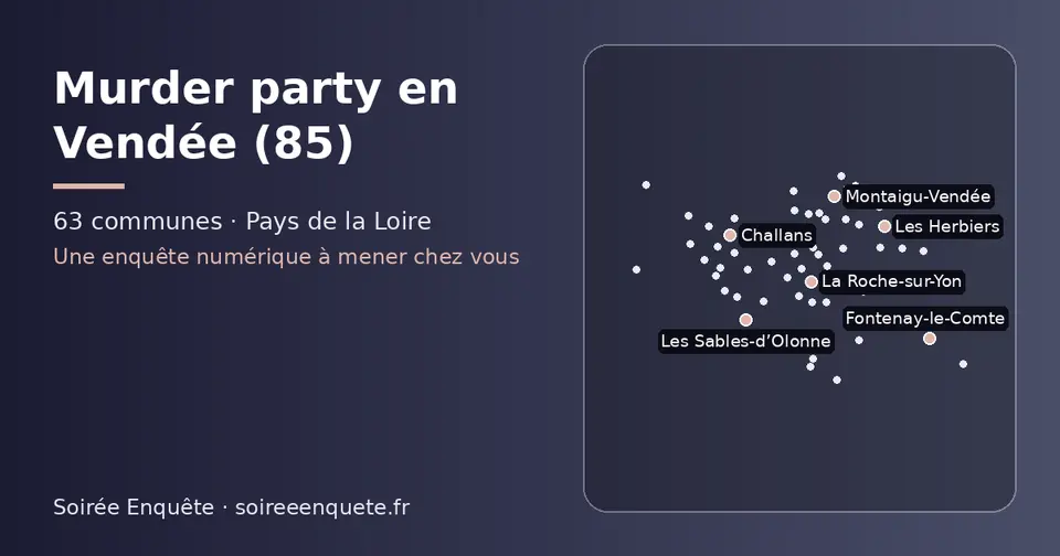 Carte schématique des 63 communes de la Vendée présentées sur ce site