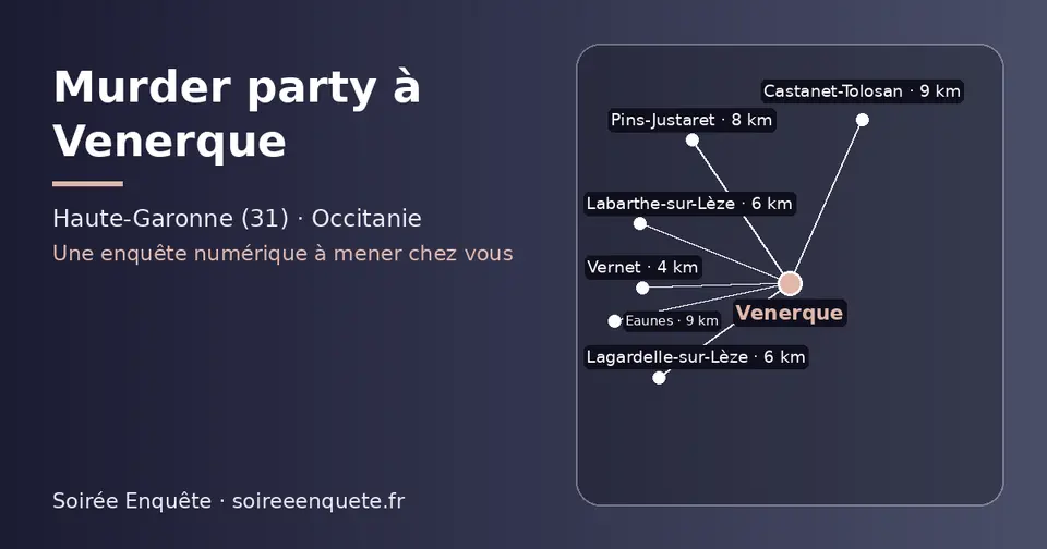Carte schématique : Venerque et les communes voisines présentées sur ce site (Vernet, Labarthe-sur-Lèze, Lagardelle-sur-Lèze, Pins-Justaret, Castanet-Tolosan, Eaunes)